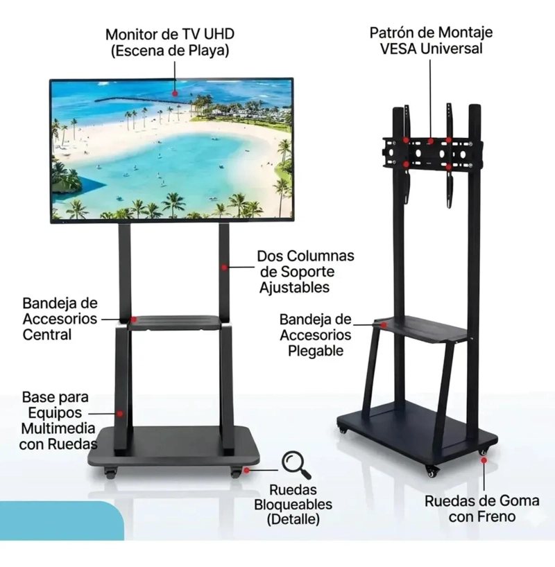 SOPORTE PEDESTAL PARA TV CON RUEDAS Y BANDEJA AJUSTABLE - 2