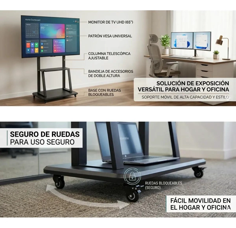 SOPORTE PEDESTAL PARA TV CON RUEDAS Y BANDEJA AJUSTABLE - 5