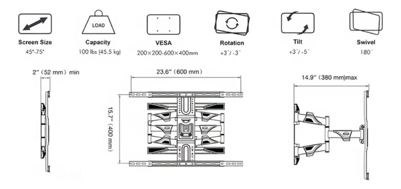 SOPORTE ARTICULADO UNIVERSAL PARA TELEVISORES DE 45 A 75 PULGADAS - 5