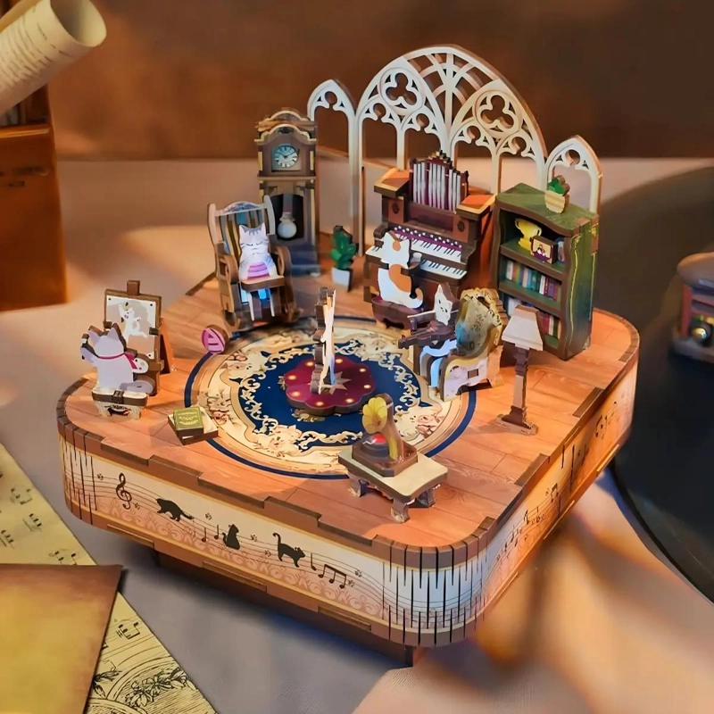 MINIATURA ARMABLE DE CAJA MUSICAL CON GATITOS DECORATIVOS - 1