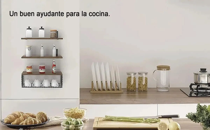 ESTANTE FLOTANTE DE BAÑO CON CANASTA DE ALAMBRE Y MADERA - 10