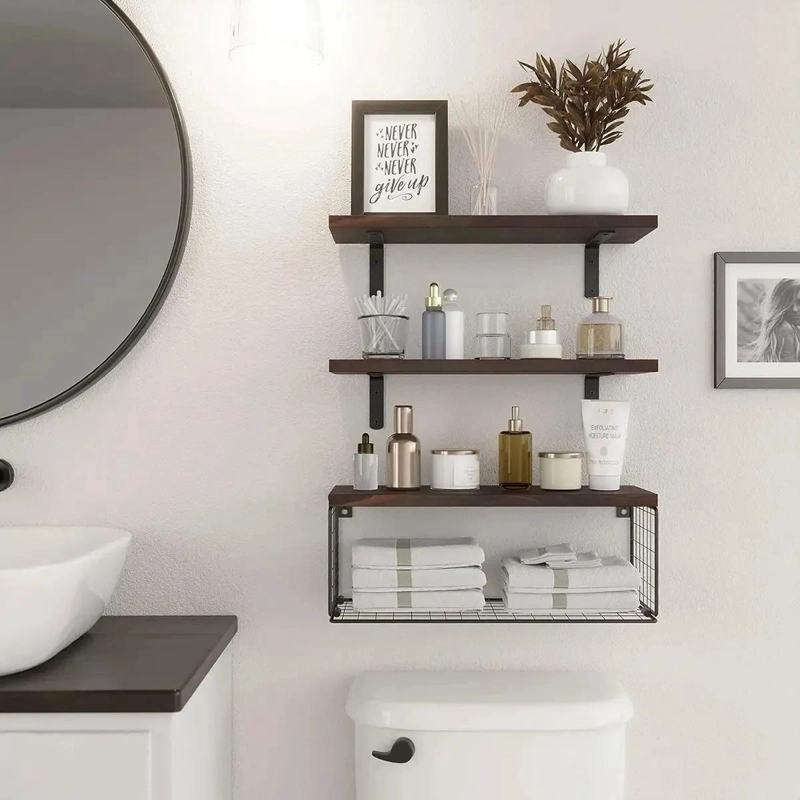 ESTANTE FLOTANTE DE BAÑO CON CANASTA DE ALAMBRE Y MADERA - 7