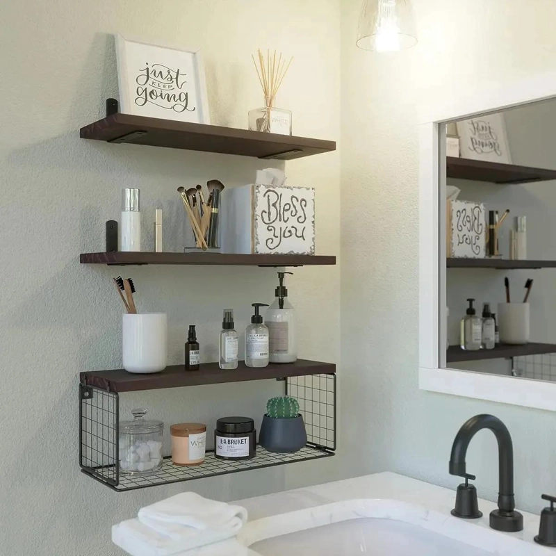 ESTANTE FLOTANTE DE BAÑO CON CANASTA DE ALAMBRE Y MADERA - 8