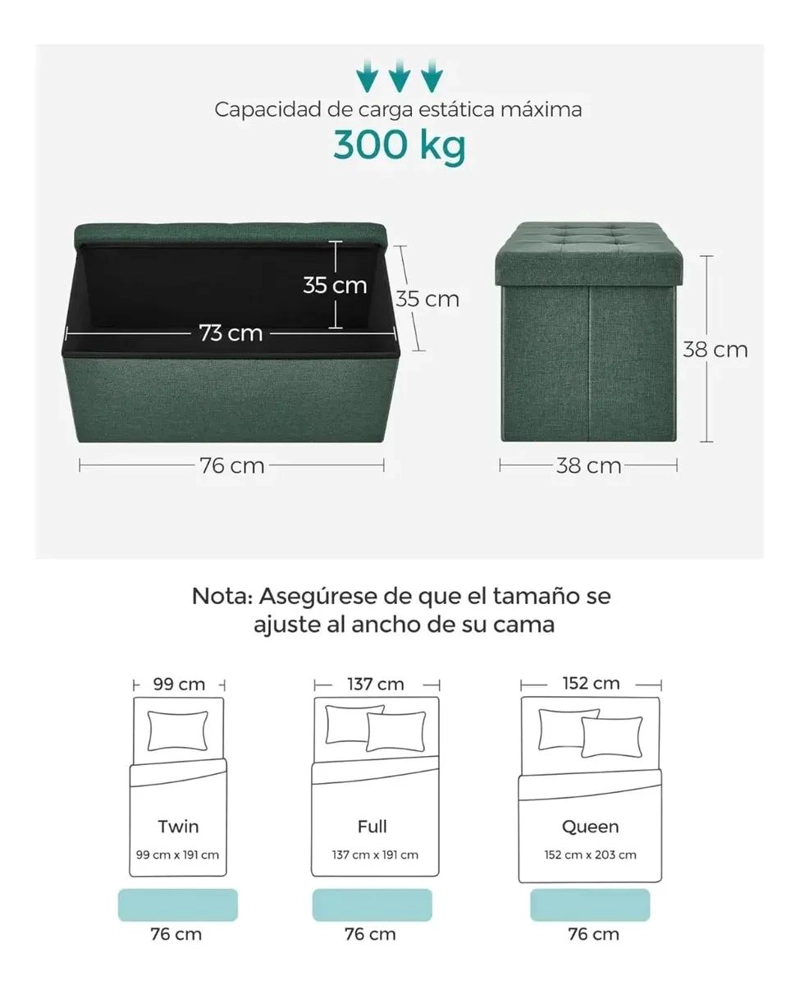 BANQUETA BAUL ALMACENAJE LINO VERDE 76 CM - 3