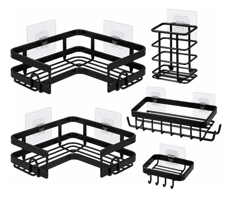 SET DE 5 ORGANIZADORES ADHESIVOS PARA BAÑO EN COLOR NEGRO - 1