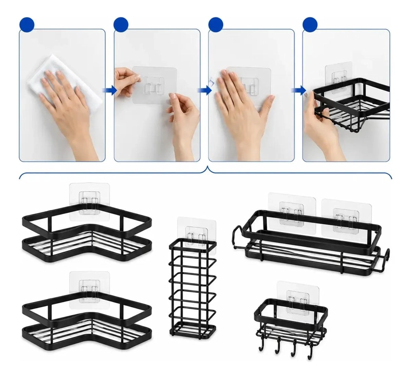 SET DE 5 ORGANIZADORES ADHESIVOS PARA BAÑO EN COLOR NEGRO - 10