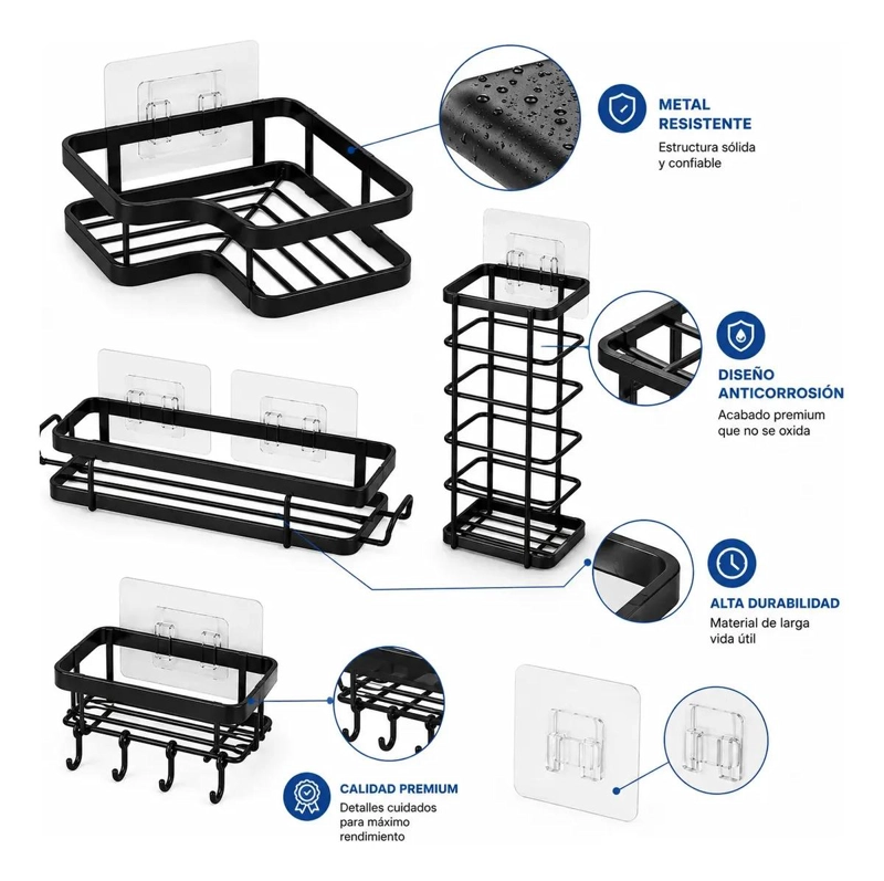 SET DE 5 ORGANIZADORES ADHESIVOS PARA BAÑO EN COLOR NEGRO - 2