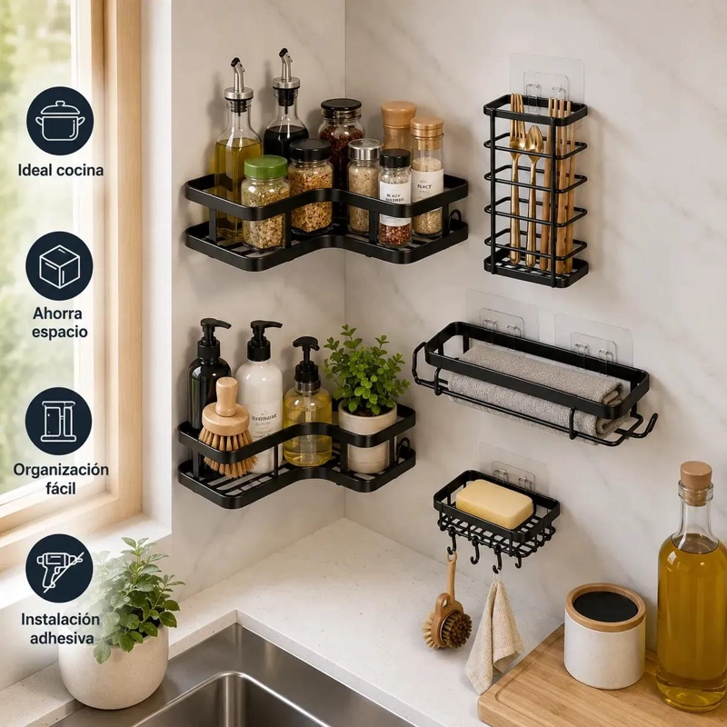 SET DE 5 ORGANIZADORES ADHESIVOS PARA BAÑO EN COLOR NEGRO - 3