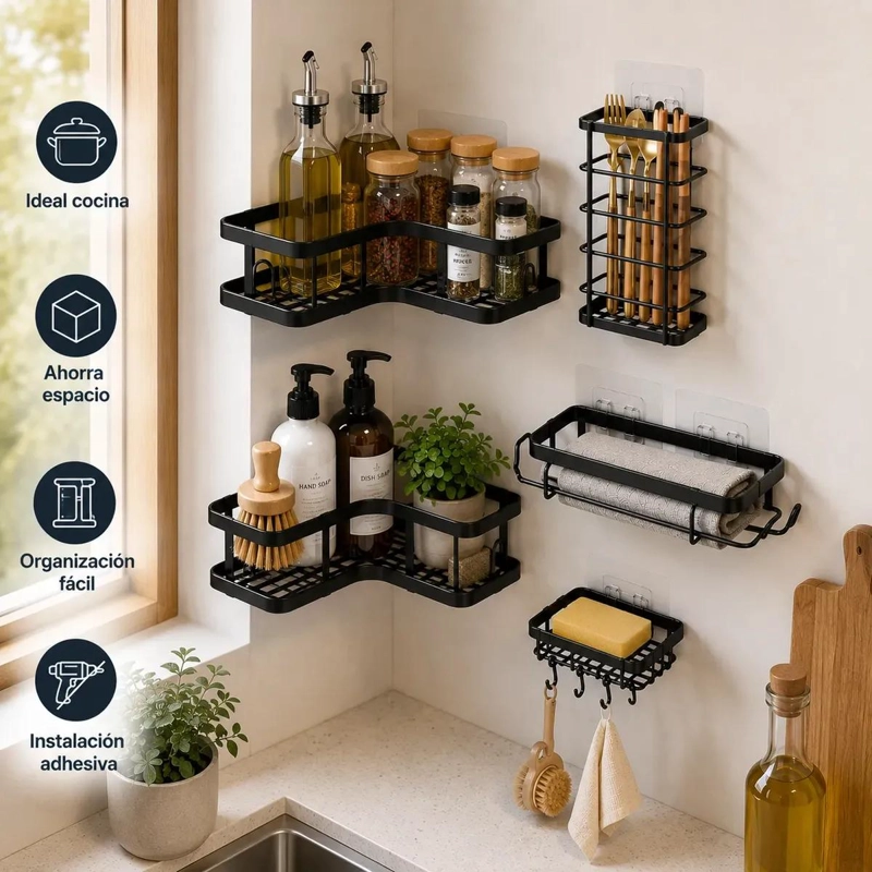 SET DE 5 ORGANIZADORES ADHESIVOS PARA BAÑO EN COLOR NEGRO - 4