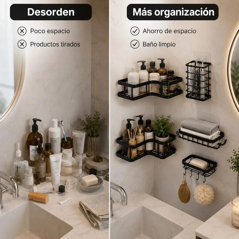 SET DE 5 ORGANIZADORES ADHESIVOS PARA BAÑO EN COLOR NEGRO - 5