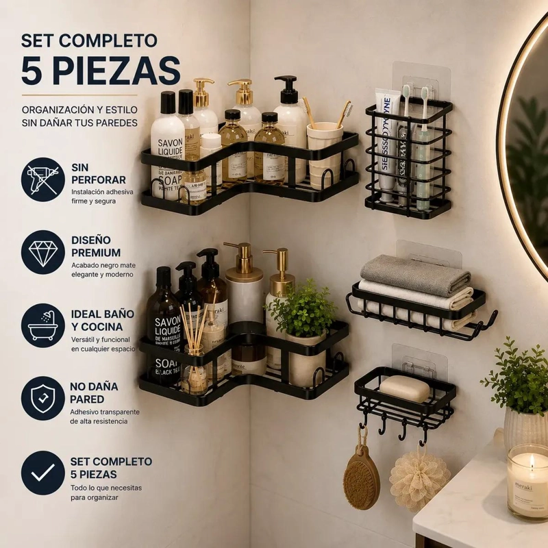 SET DE 5 ORGANIZADORES ADHESIVOS PARA BAÑO EN COLOR NEGRO - 6