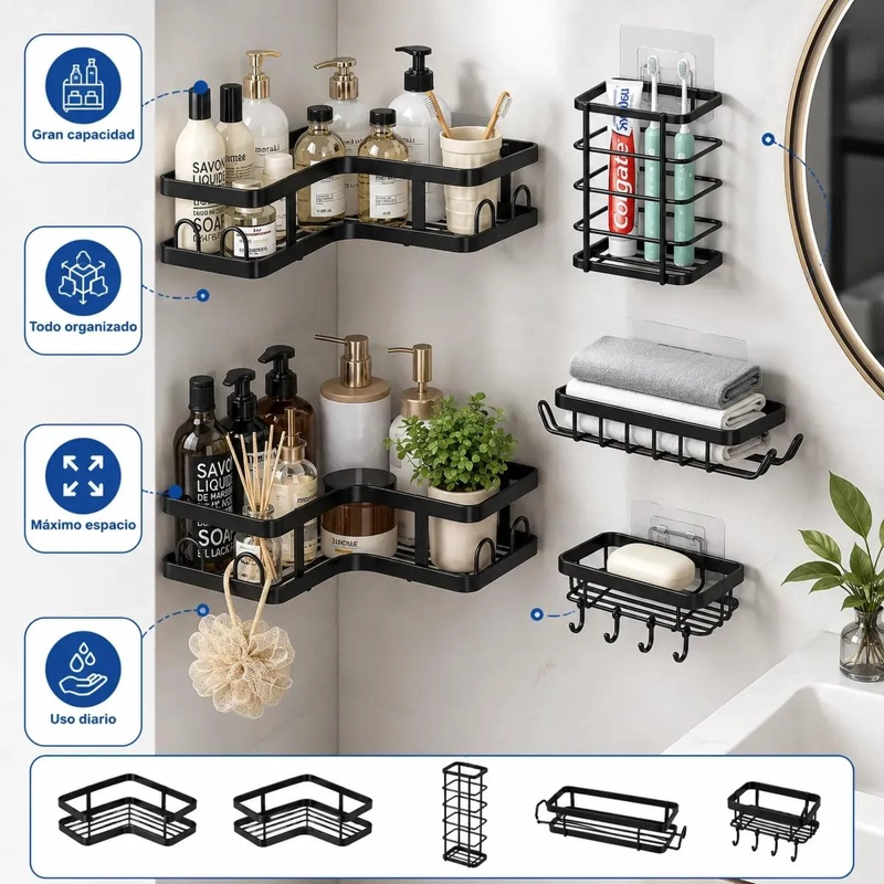 SET DE 5 ORGANIZADORES ADHESIVOS PARA BAÑO EN COLOR NEGRO - 7