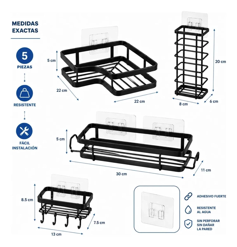 SET DE 5 ORGANIZADORES ADHESIVOS PARA BAÑO EN COLOR NEGRO - 8
