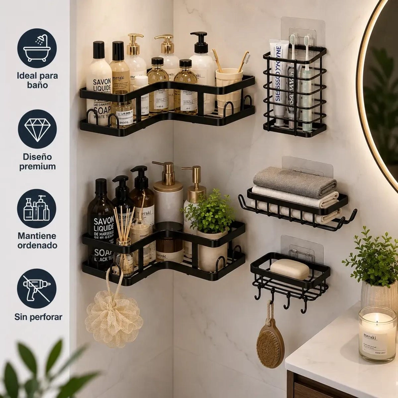 SET DE 5 ORGANIZADORES ADHESIVOS PARA BAÑO EN COLOR NEGRO - 9
