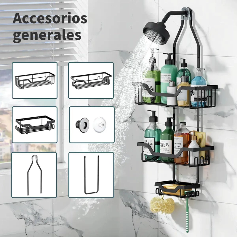 ORGANIZADOR COLGANTE DE DUCHA DE 3 NIVELES CON GANCHOS Y VENTOSAS - 2
