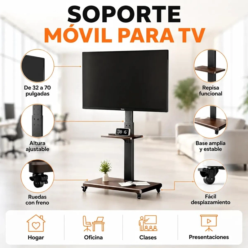 SOPORTE MOVIL PARA TV CON RUEDAS Y BASE PEDESTAL DE 32 A 70 PULGADAS - 1