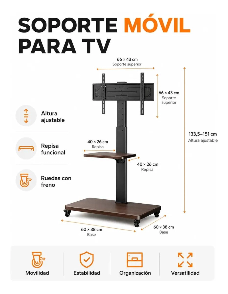 SOPORTE MOVIL PARA TV CON RUEDAS Y BASE PEDESTAL DE 32 A 70 PULGADAS - 2