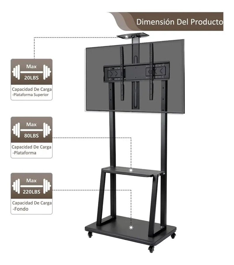 SOPORTE MOVIL PARA TV CON RUEDAS Y BASE PEDESTAL DE 32 A 70 PULGADAS - 3
