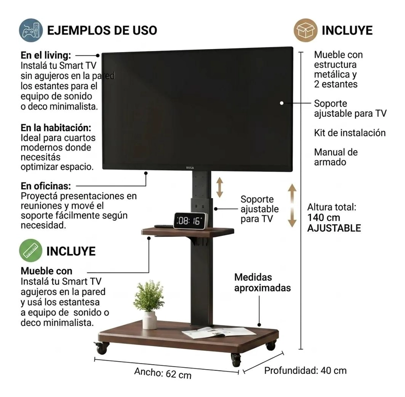 SOPORTE MOVIL PARA TELEVISOR DE 32 A 70 PULGADAS CON RUEDAS - 2
