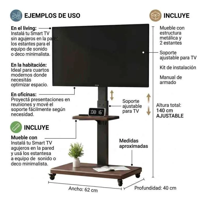 SOPORTE MOVIL PARA TV DE MADERA Y METAL CON RUEDAS - 2