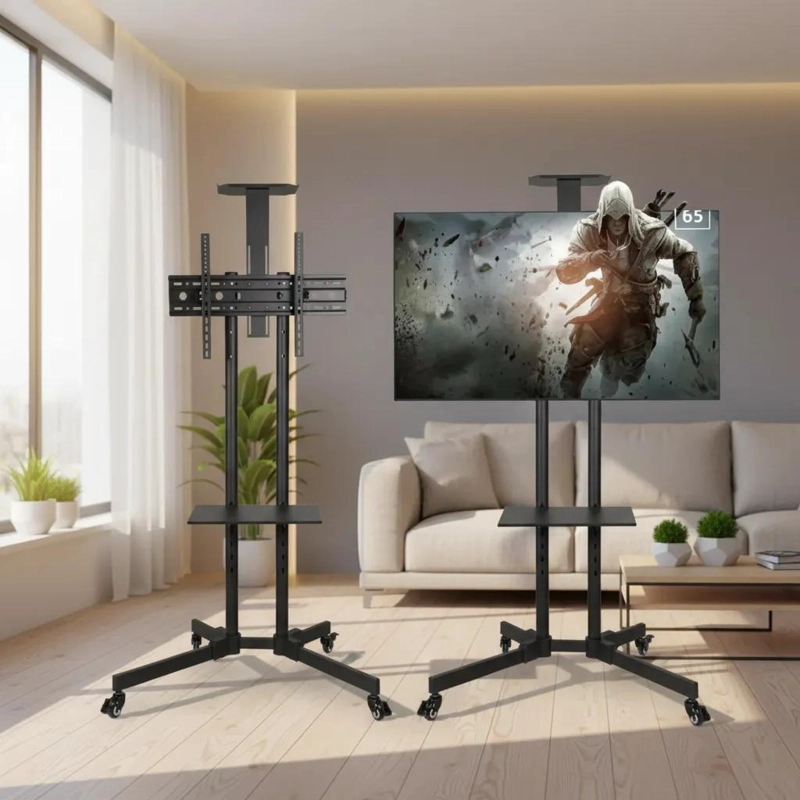 SOPORTE MOVIL PARA TV CON RUEDAS Y REPISA AJUSTABLE - 1