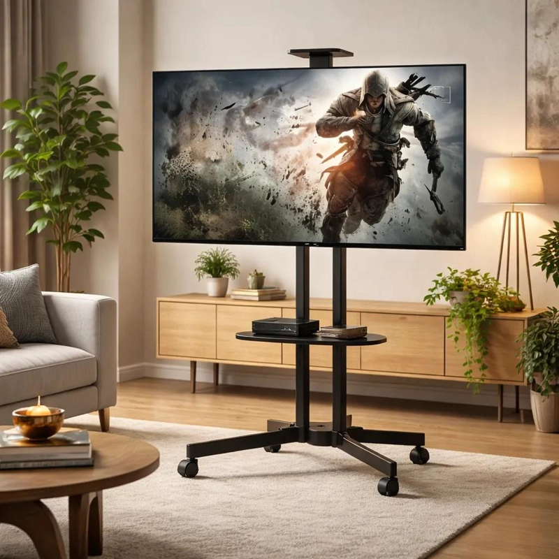 SOPORTE MOVIL PARA TV CON RUEDAS Y REPISA AJUSTABLE - 2