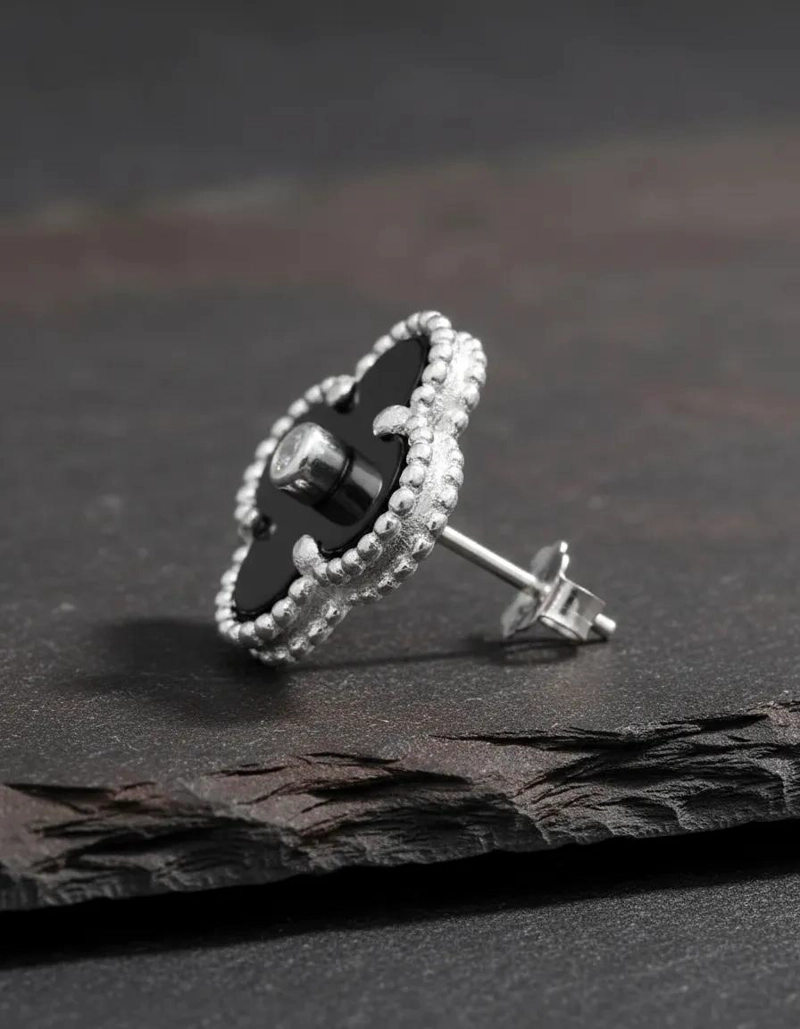 AROS TRE BOL 4 HOJAS EN PLATA 925 CON ONIX Y CIRCON - 5