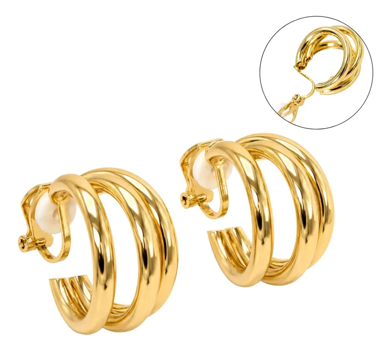 ARGOLLAS ELEGANTES DE TRIPLE ARO SIN PERFORACION EN ORO 14K - 1