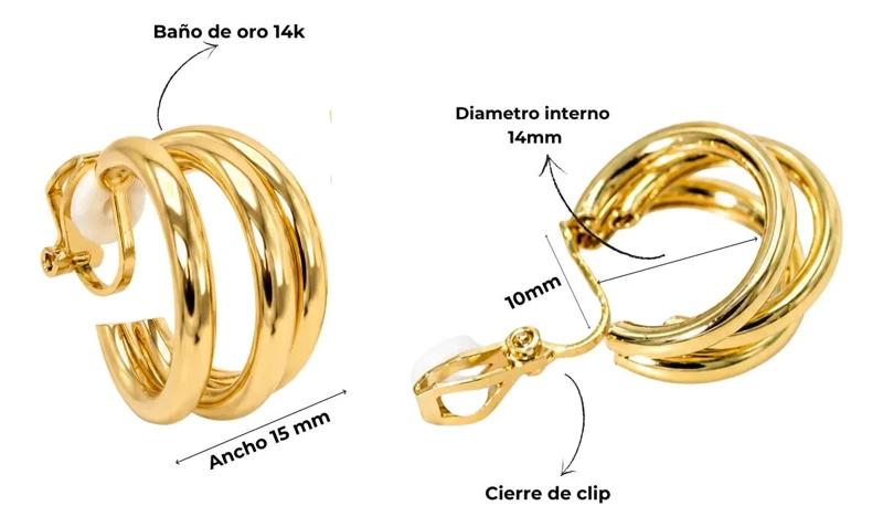 ARGOLLAS ELEGANTES DE TRIPLE ARO SIN PERFORACION EN ORO 14K - 3