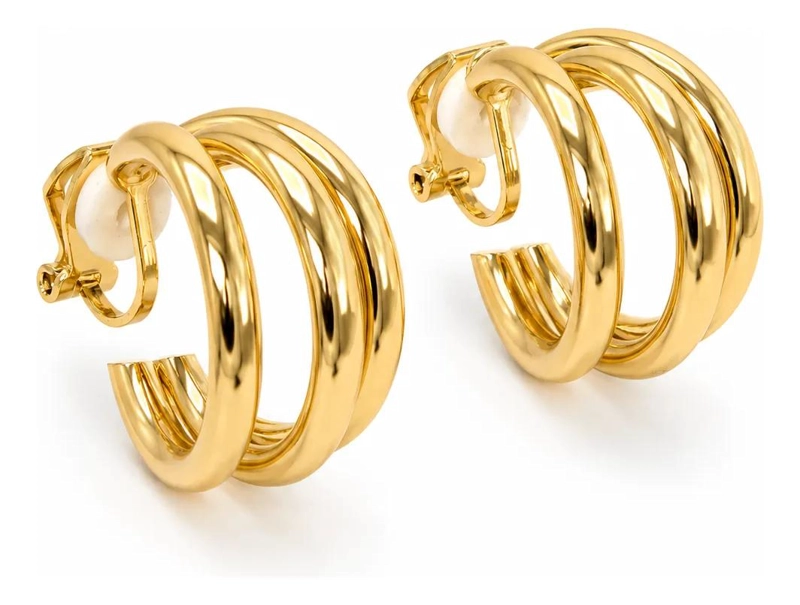 ARGOLLAS ELEGANTES DE TRIPLE ARO SIN PERFORACION EN ORO 14K - 8