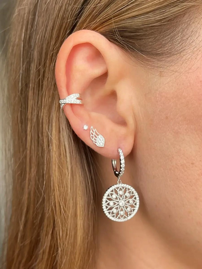 AROS DE ARGOLLA CON COLGANTE MANDALA EN PLATA 925 - 2
