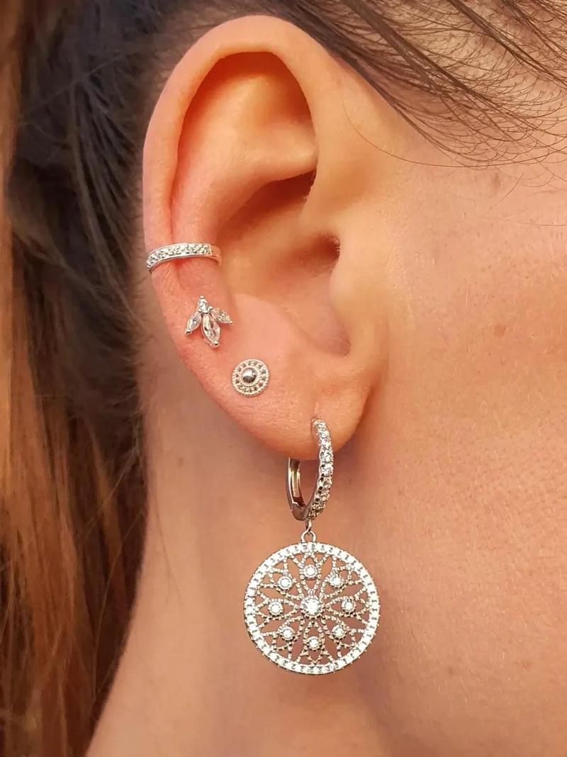 AROS DE ARGOLLA CON COLGANTE MANDALA EN PLATA 925 - 3
