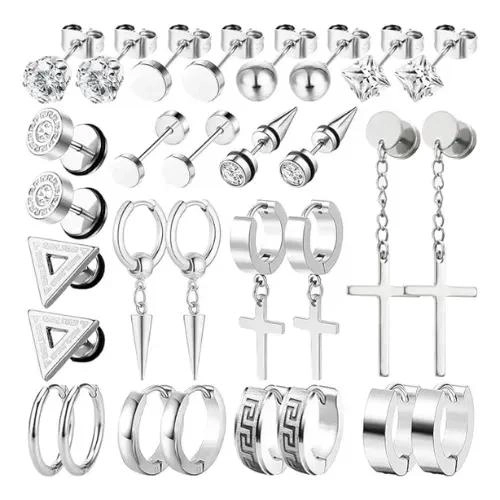 PACK DE 15 PARES DE AROS Y ARETES COLGANTES PARA HOMBRE DE ACERO INOXIDABLE - 1