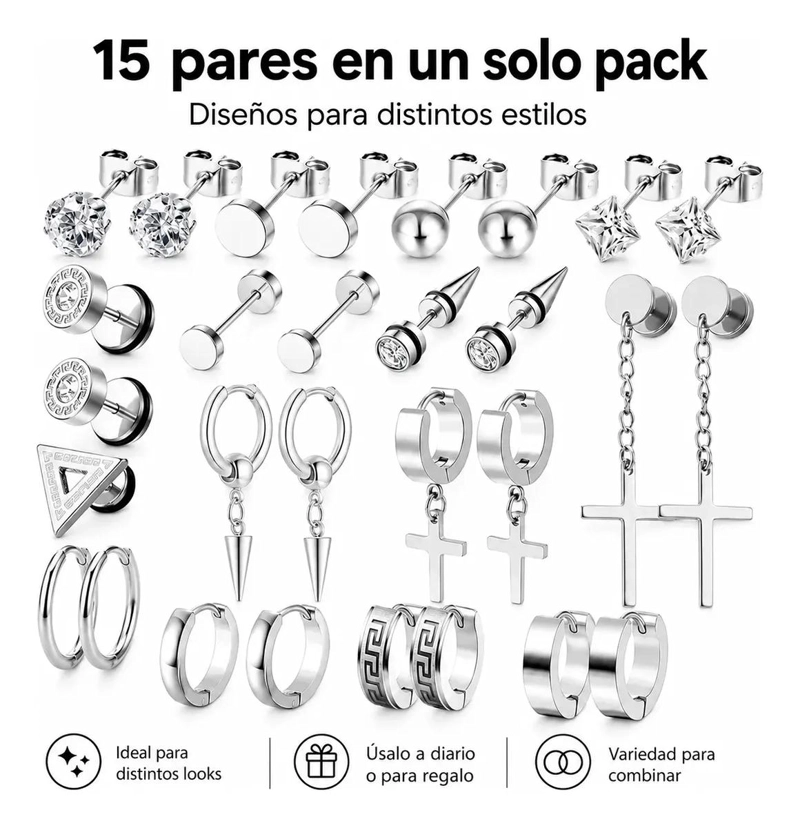 PACK DE 15 PARES DE AROS Y ARETES COLGANTES PARA HOMBRE DE ACERO INOXIDABLE - 3