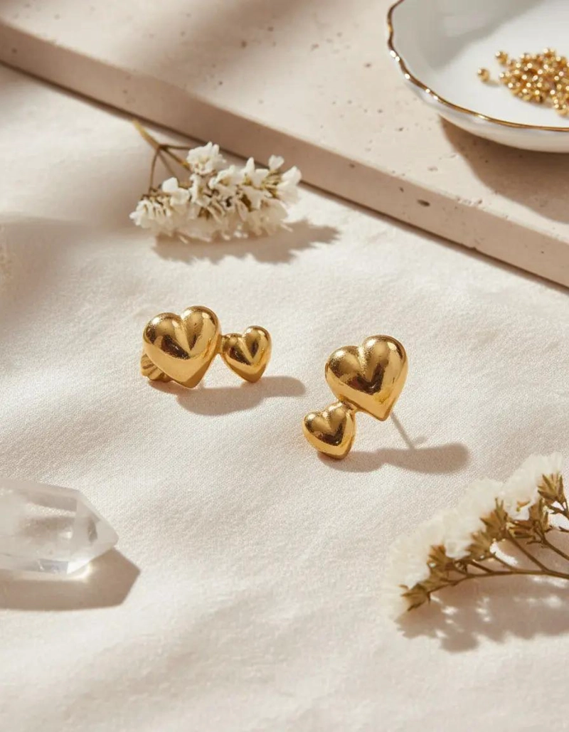 AROS DE ORO 18 KILATES EN FORMA DE CORAZON DOBLE - 3