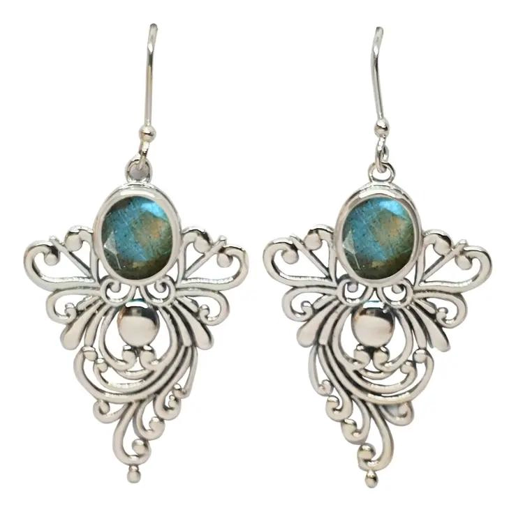 AROS DE PLATA FINA 925 CON LABRADORITA ELEGANTES Y MODERNOS - 1