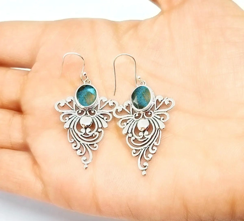 AROS DE PLATA FINA 925 CON LABRADORITA ELEGANTES Y MODERNOS - 3