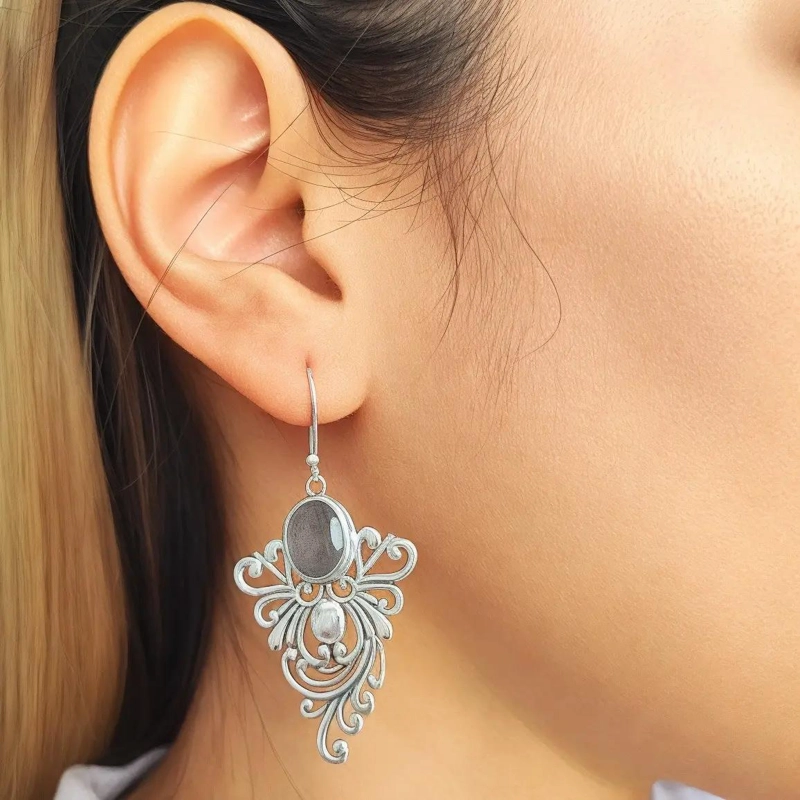 AROS DE PLATA FINA 925 CON LABRADORITA ELEGANTES Y MODERNOS - 4