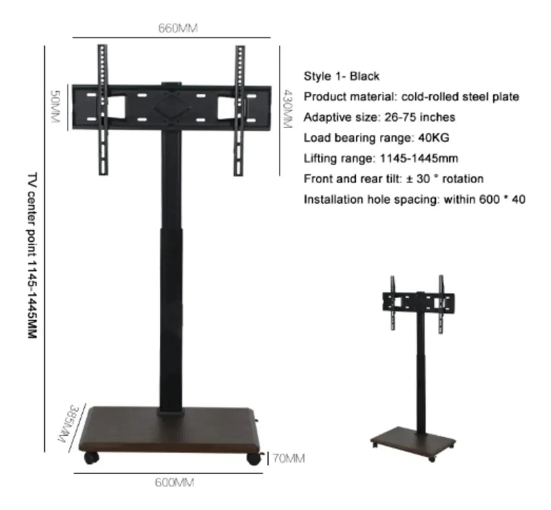 SOPORTE MOVIL PARA TV CON RUEDAS Y PEDESTAL AJUSTABLE DE 32 A 70 PULGADAS - 4