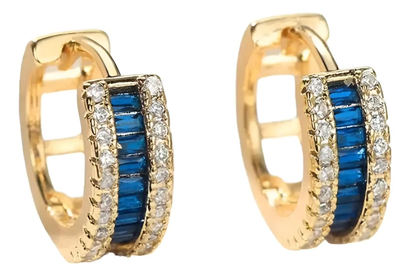 PENDIENTES DE ARO CON CIRCON AZUL PARA MUJER ELEGANTES - 1