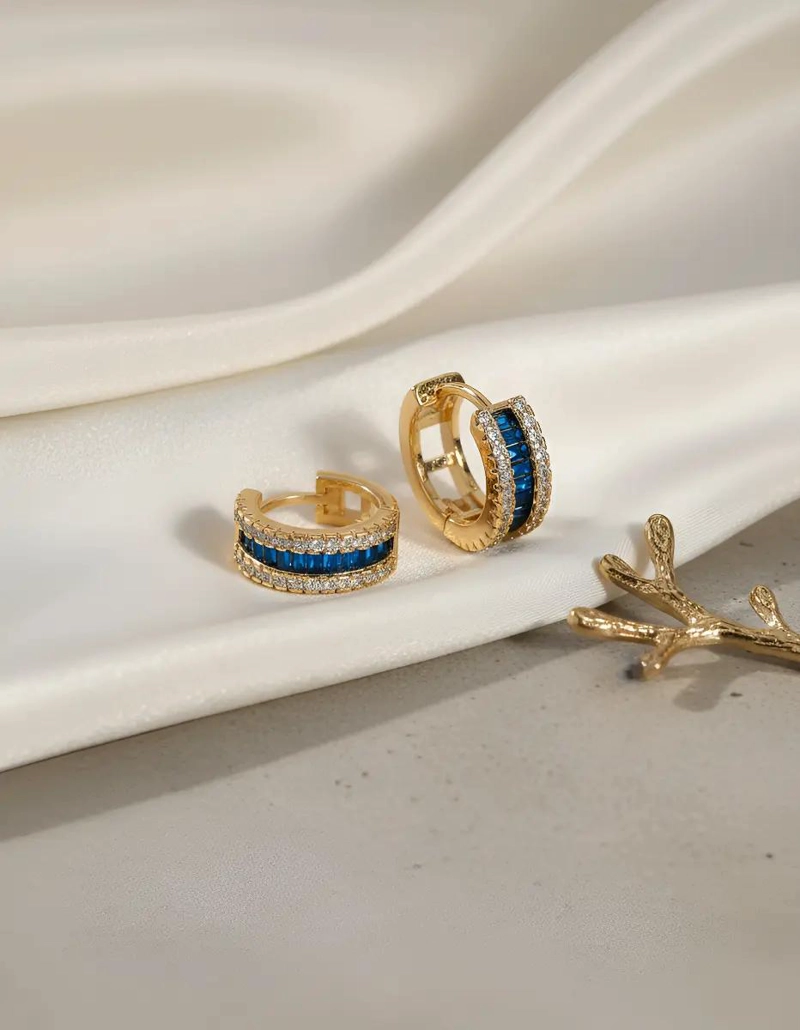PENDIENTES DE ARO CON CIRCON AZUL PARA MUJER ELEGANTES - 3
