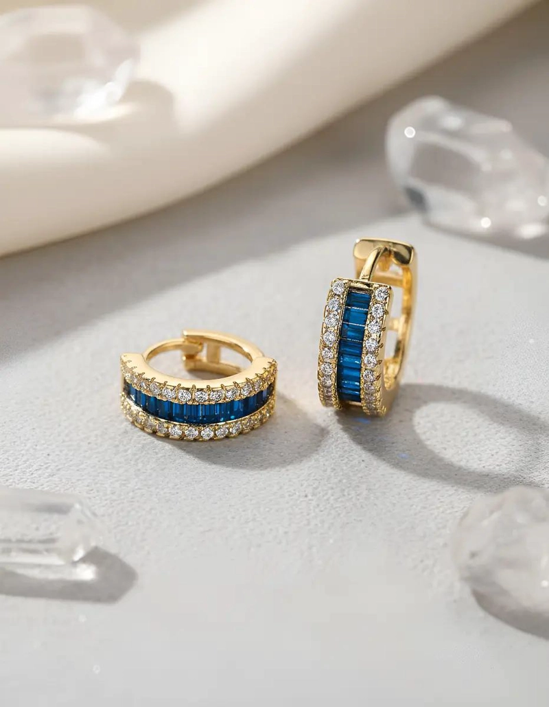 PENDIENTES DE ARO CON CIRCON AZUL PARA MUJER ELEGANTES - 4