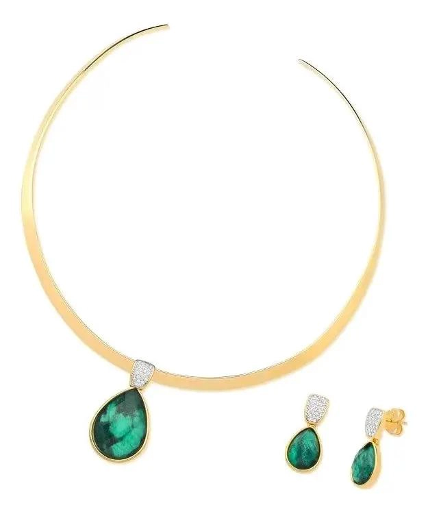 SET DE AROS Y COLLAR RIGIDO EN ORO 18K CON ESMERALDA - 1