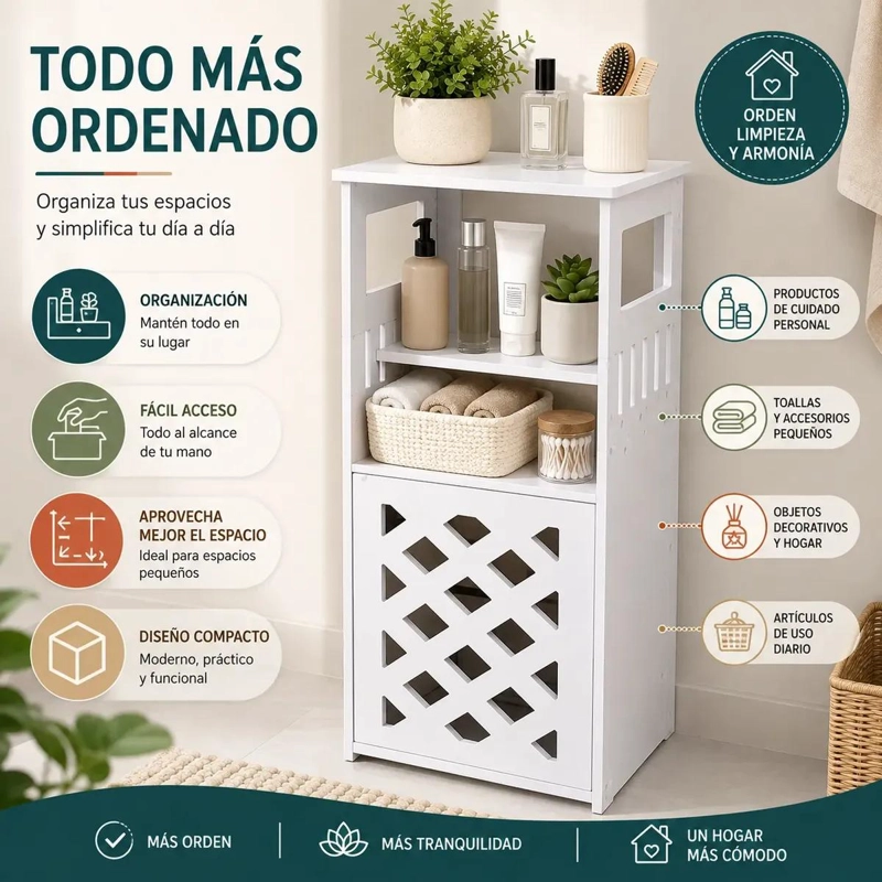 MUEBLE ORGANIZADOR DE BAÑO BLANCO CON REJILLA Y PUERTA - 4
