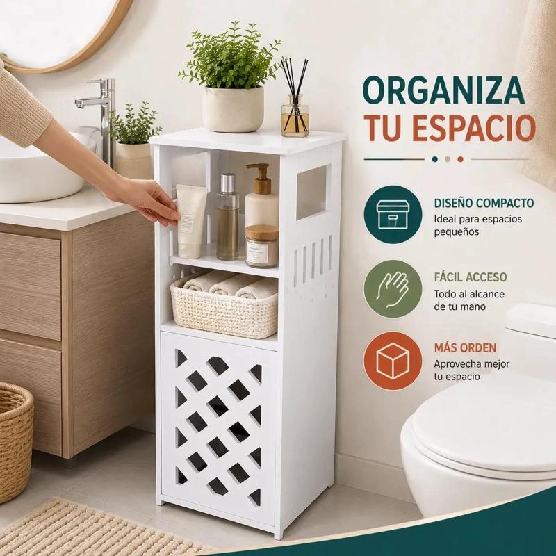 MUEBLE ORGANIZADOR DE BAÑO BLANCO CON REJILLA Y PUERTA - 7