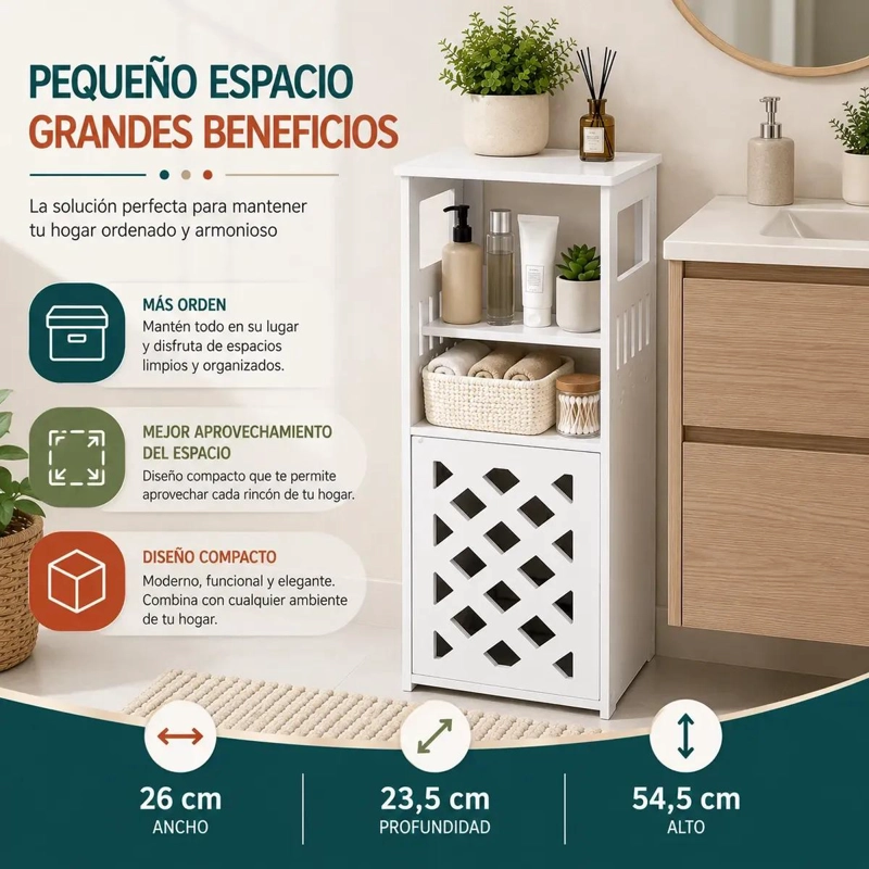 MUEBLE ORGANIZADOR DE BAÑO BLANCO CON REJILLA Y PUERTA - 8