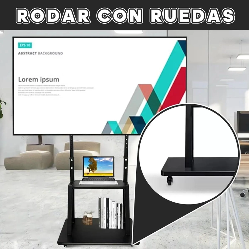 SOPORTE TV MOVIL AJUSTABLE CON RUEDAS Y ESTANTE PARA PORTATIL - 6