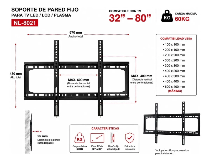 SOPORTE FIJO PARA TELEVISORES DE 32 A 85 PULGADAS - 4