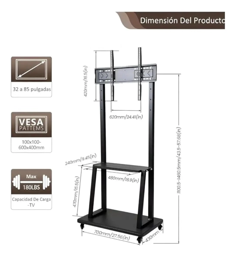 SOPORTE MOVIL PARA TV DE 32 A 70 PULGADAS CON RUEDAS - 3