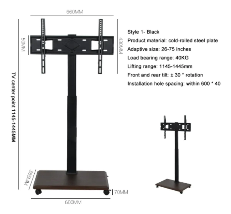 SOPORTE MOVIL PARA TV CON RUEDAS Y ESTANTE COLOR CAFE - 5